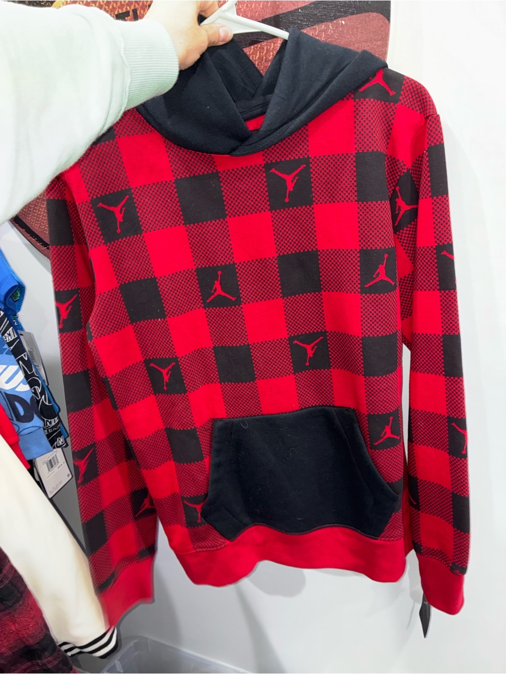NWT Jordan Men's Red and Black Plaid Hoodie Boys XL